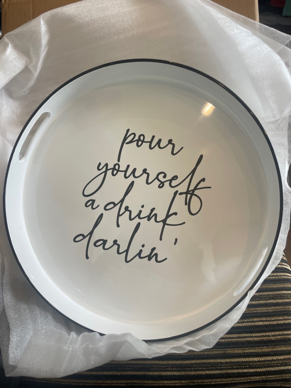White Round Serving Tray with Black Script Phrase
